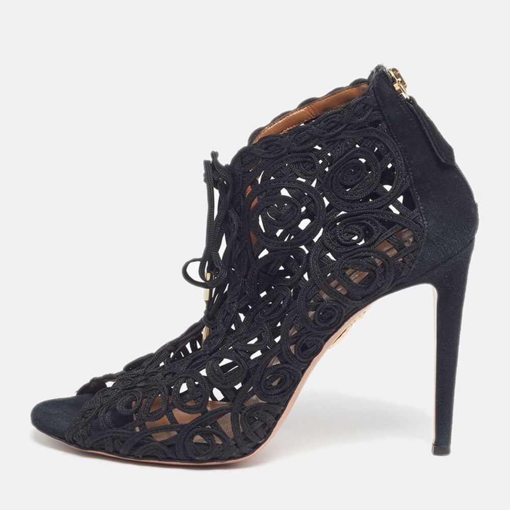 Aquazzura Size 38.5 Black Lace And Suede Cut Out Ankle Length Boots